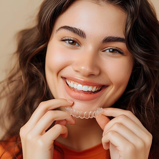 Close up cropped young woman wear orange shirt casual clothes ho